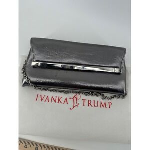 Ivanka Trump Gunmetal Metallic Clutch Bag Silver Bar Chain Strap Evening Purse